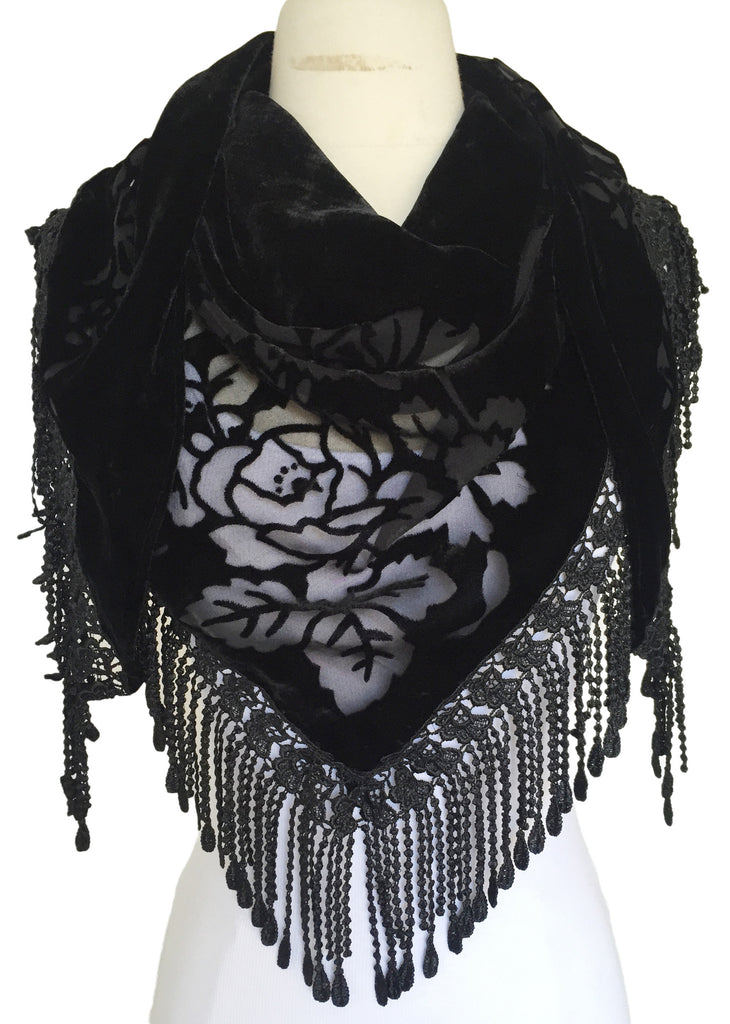 VTG18 Black Cotton Velvet & Silk Rose Scarf